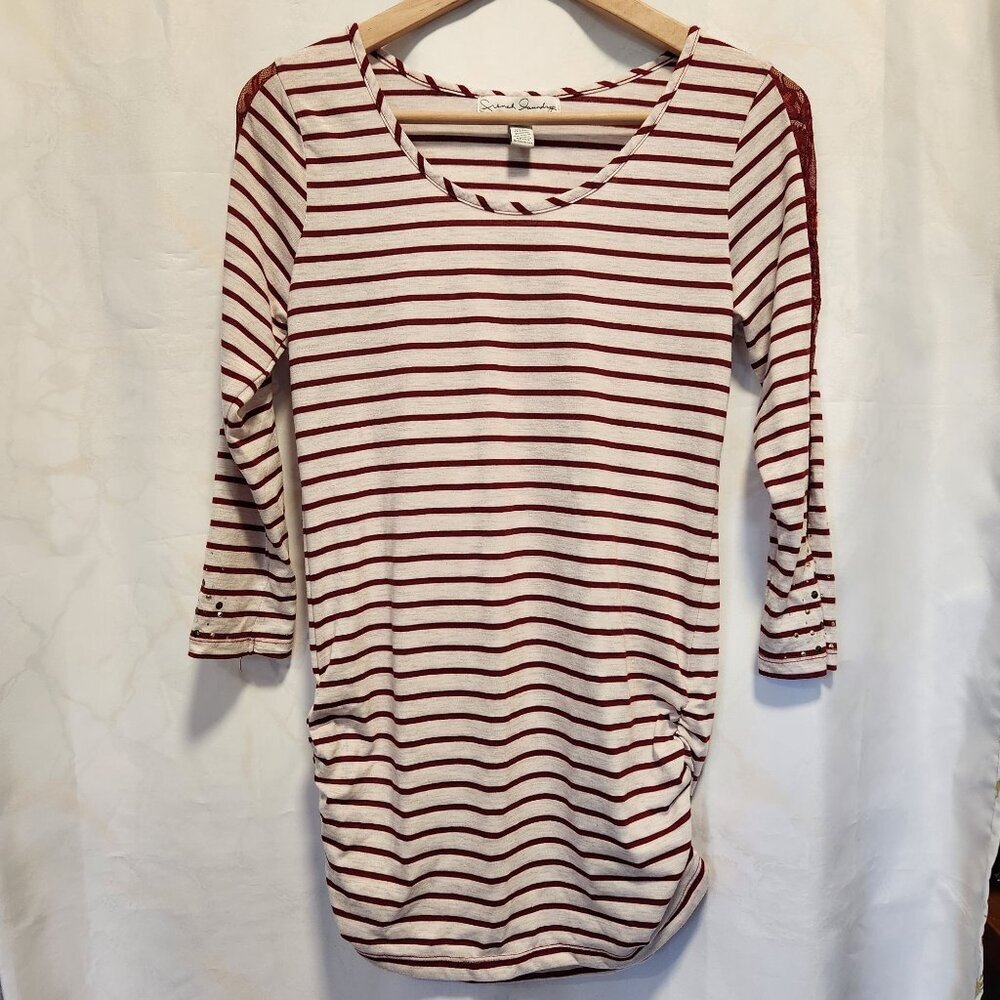French Laundry 3/4 Sleeve‎ Tee Women's S Gather Sides Tunic Red Lace Rhinestones